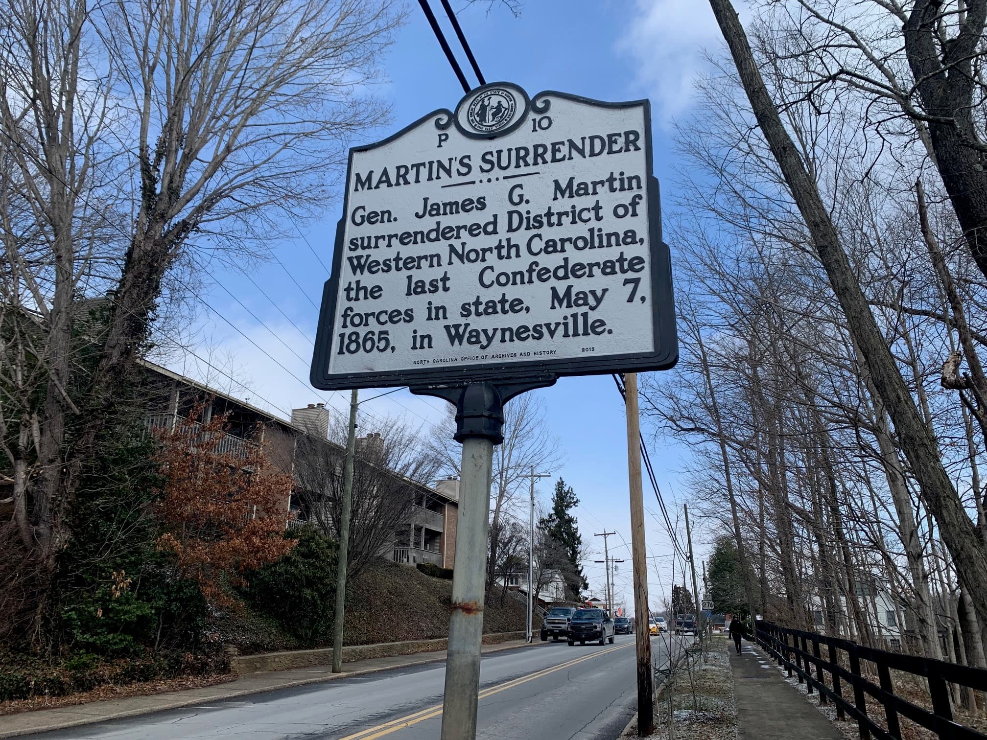 A historical marker in Waynesville, North Carolina, commemorating General James G. Martin's surrender of Confederate forces on May 7, 1865. A historical marker in Waynesville, North Carolina, commemorating General James G. Martin's surrender of Confederate forces on May 7, 1865.