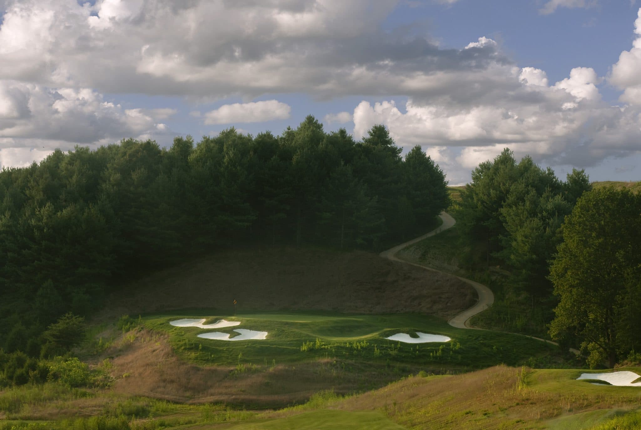 A scenic golf course surrounded by lush trees and a winding path under a cloudy sky.