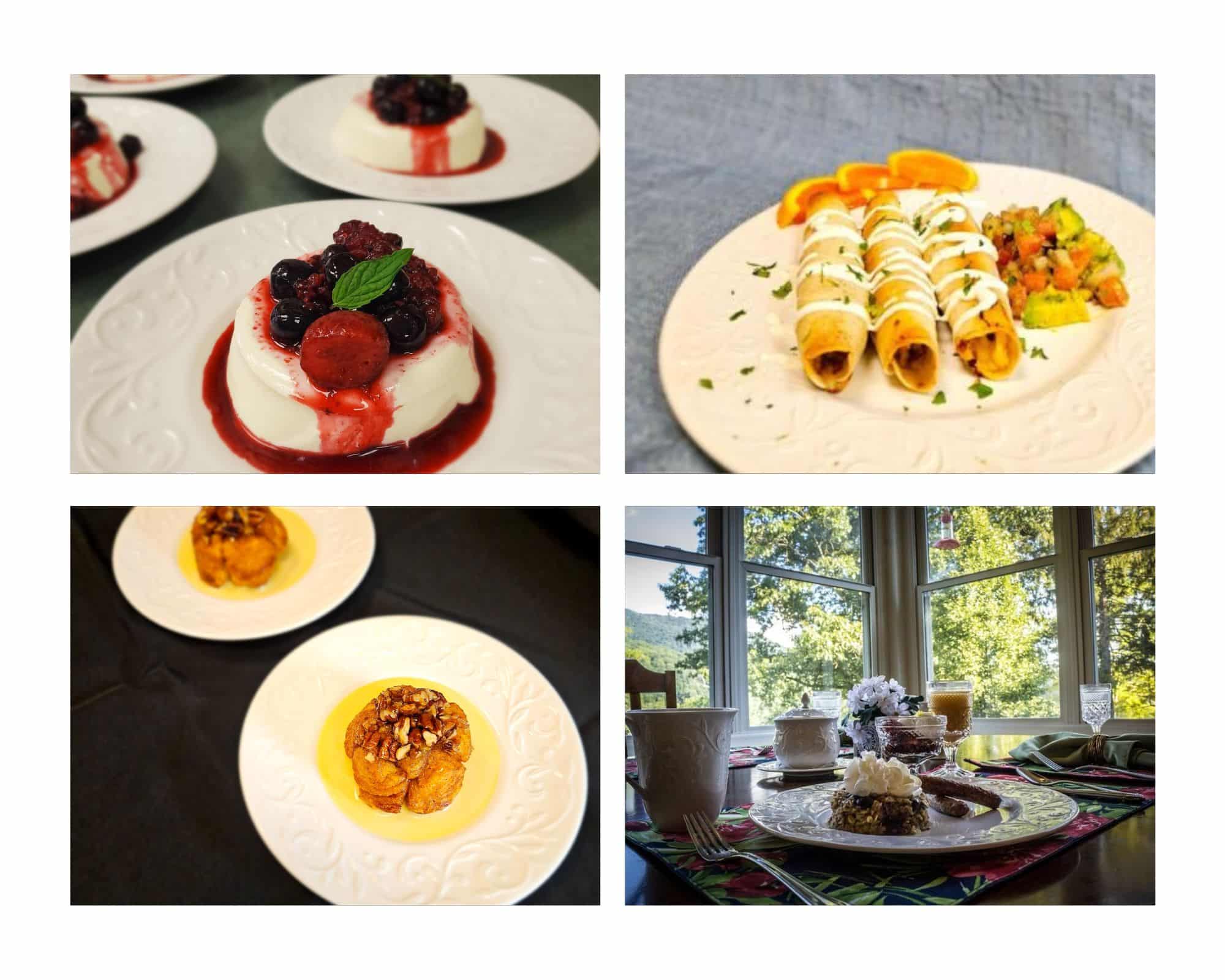 A collage of four plates featuring desserts and savory dishes, including panna cotta, taquitos, and fruit tarts, set against a scenic window view. A collage of four plates featuring desserts and savory dishes, including panna cotta, taquitos, and fruit tarts, set against a scenic window view.