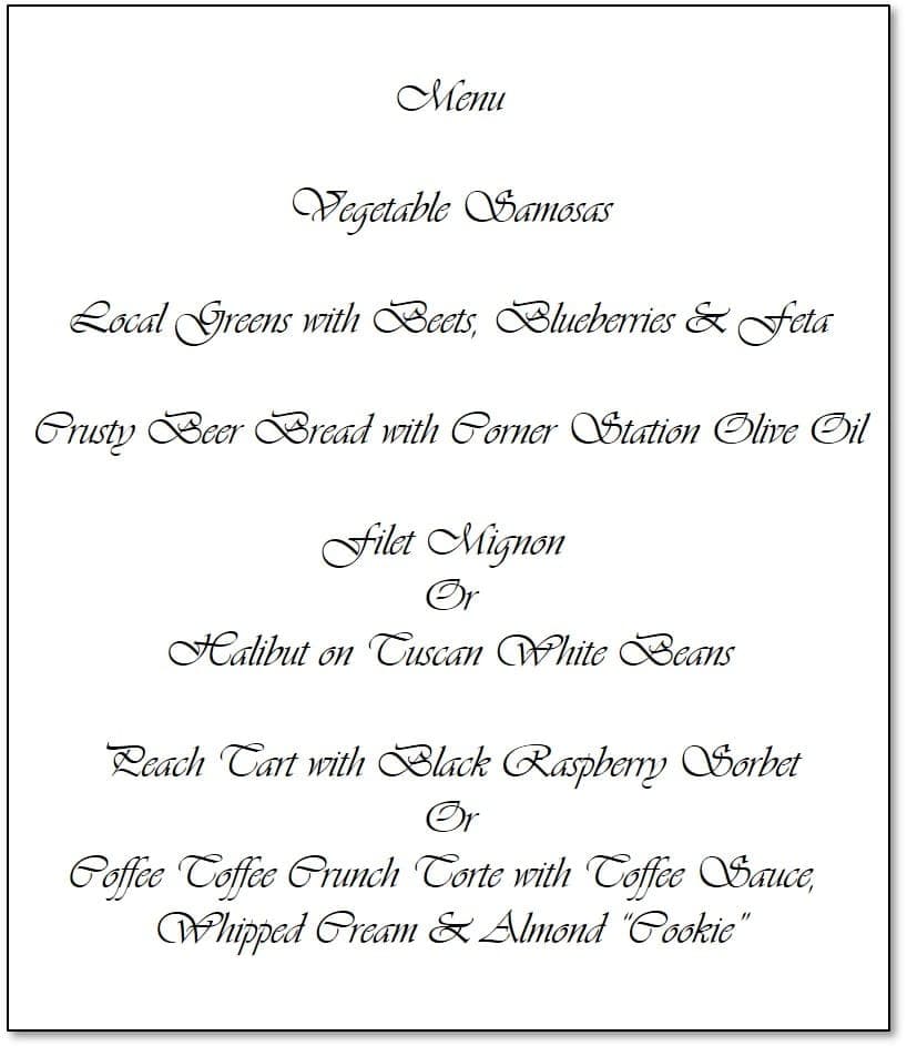 A formatted menu featuring appetizers, main courses, and desserts.